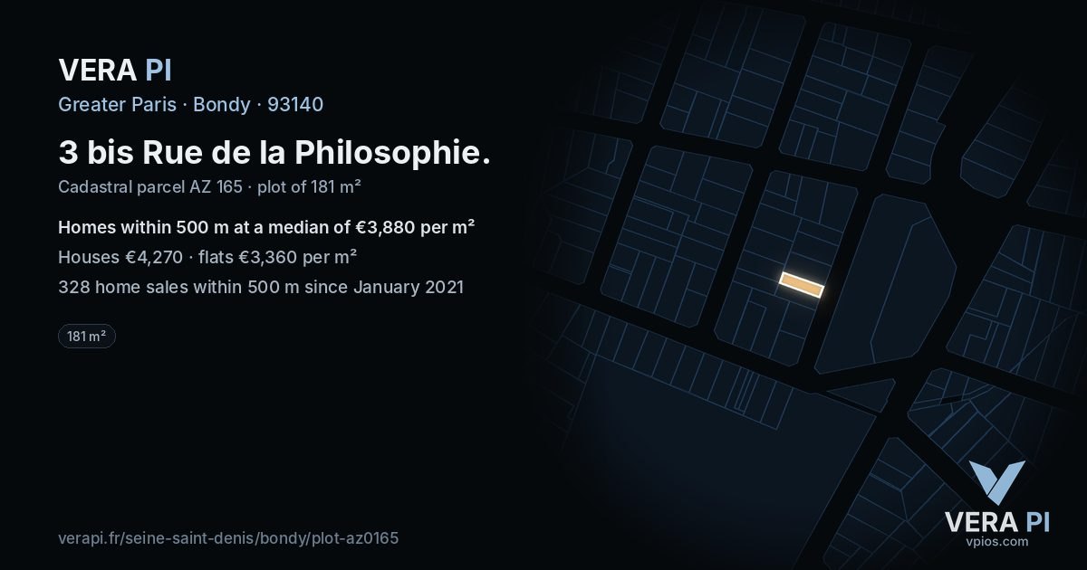 3 bis Rue de la Philosophie, Bondy at night – the plot lit, the parcels around coloured by the prices near them