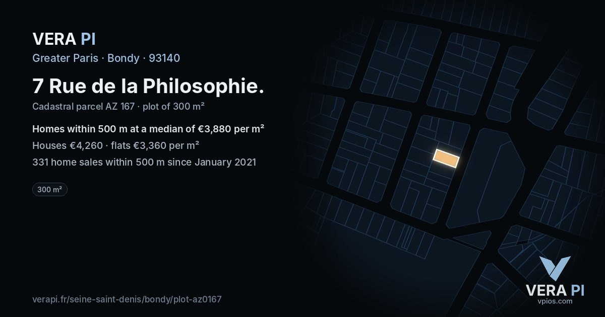 7 Rue de la Philosophie, Bondy at night – the plot lit, the parcels around coloured by the prices near them