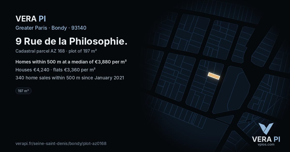 9 Rue de la Philosophie, Bondy at night – the plot lit, the parcels around coloured by the prices near them