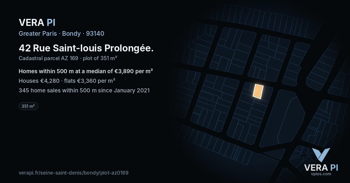 42 Rue Saint-louis Prolongée, Bondy at night – the plot lit, the parcels around coloured by the prices near them