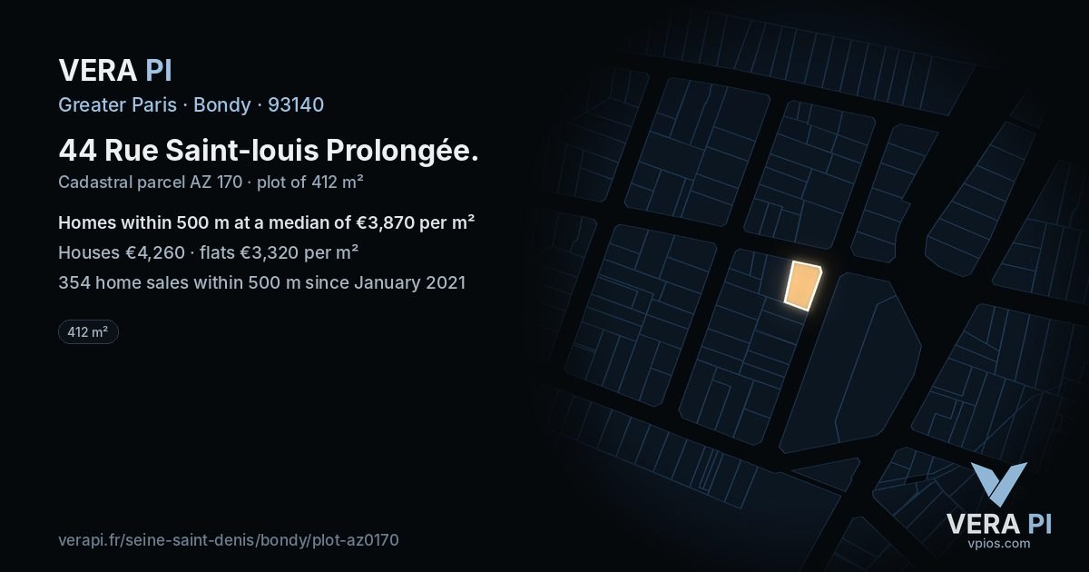 44 Rue Saint-louis Prolongée, Bondy at night – the plot lit, the parcels around coloured by the prices near them