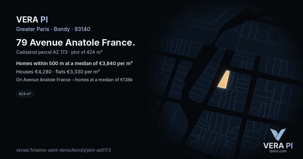 79 Avenue Anatole France, Bondy at night – the plot lit, the parcels around coloured by the prices near them
