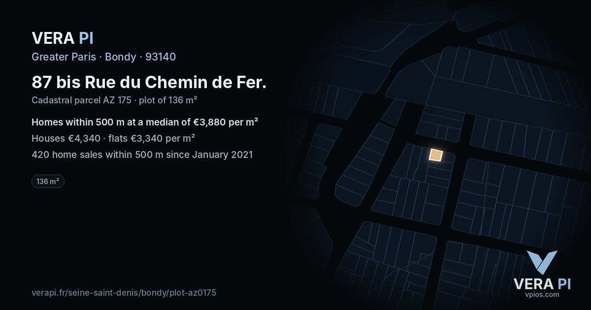 87 bis Rue du Chemin de Fer, Bondy at night – the plot lit, the parcels around coloured by the prices near them