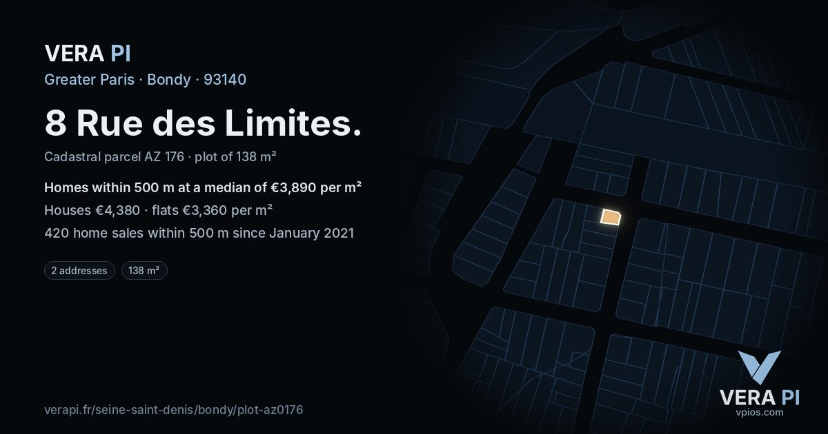 8 Rue des Limites, Bondy at night – the plot lit, the parcels around coloured by the prices near them