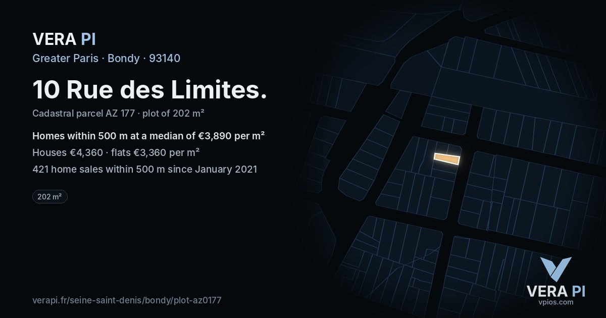10 Rue des Limites, Bondy at night – the plot lit, the parcels around coloured by the prices near them