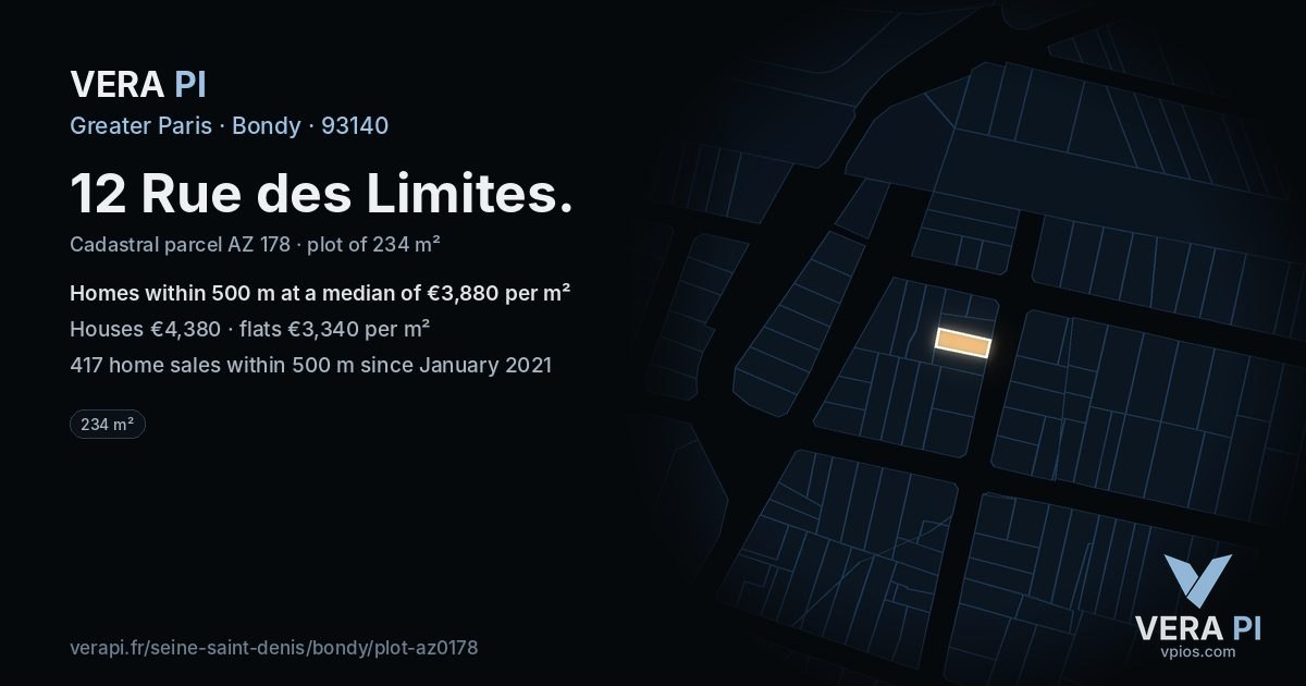 12 Rue des Limites, Bondy at night – the plot lit, the parcels around coloured by the prices near them