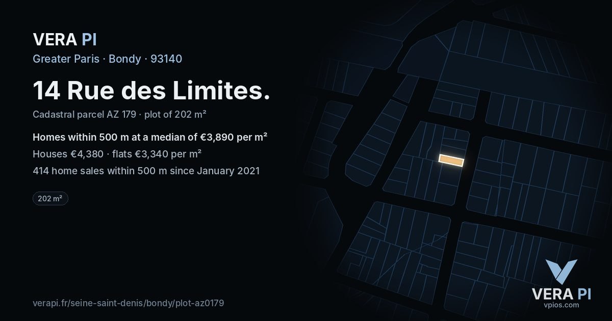 14 Rue des Limites, Bondy at night – the plot lit, the parcels around coloured by the prices near them