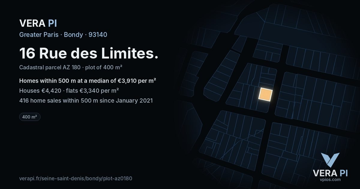 16 Rue des Limites, Bondy at night – the plot lit, the parcels around coloured by the prices near them