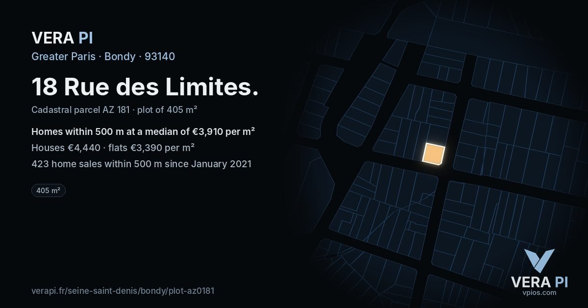 18 Rue des Limites, Bondy at night – the plot lit, the parcels around coloured by the prices near them