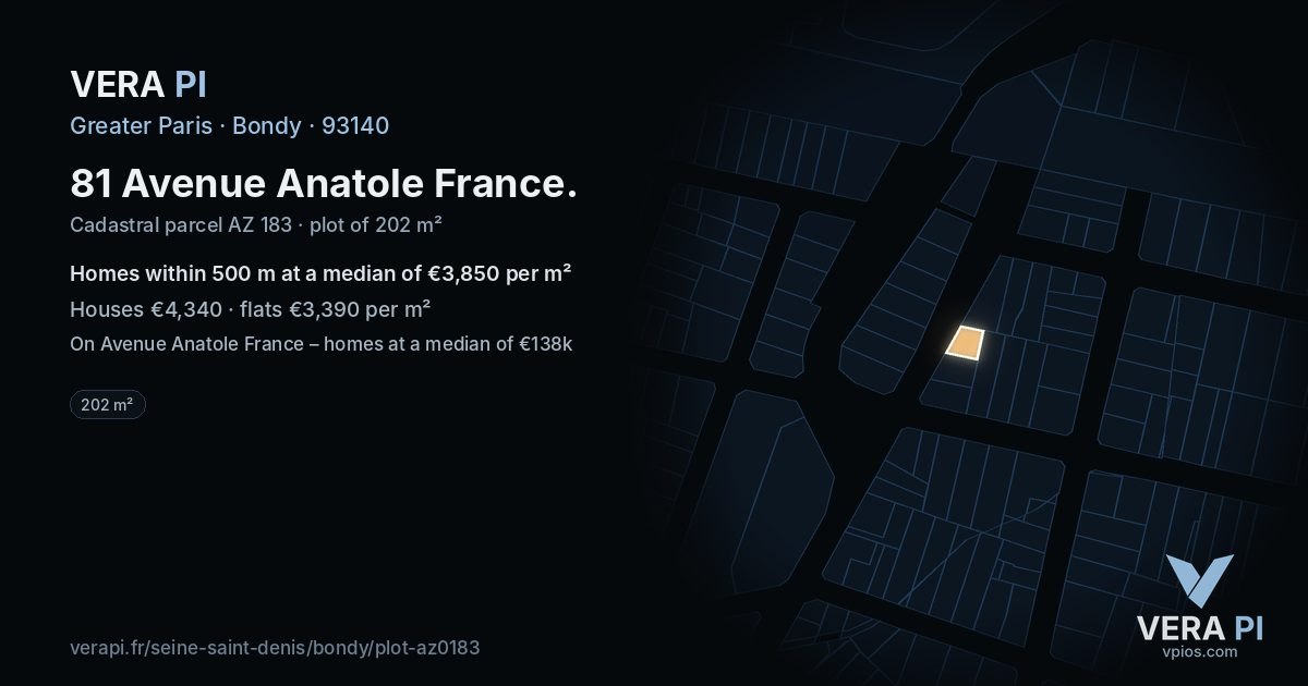 81 Avenue Anatole France, Bondy at night – the plot lit, the parcels around coloured by the prices near them