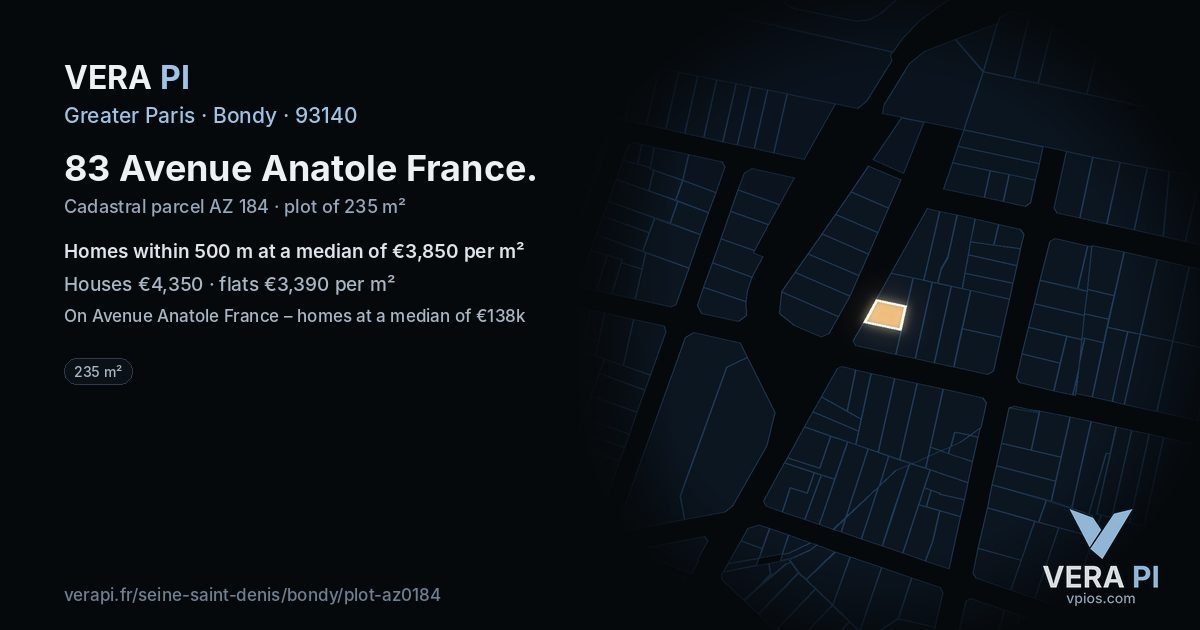 83 Avenue Anatole France, Bondy at night – the plot lit, the parcels around coloured by the prices near them