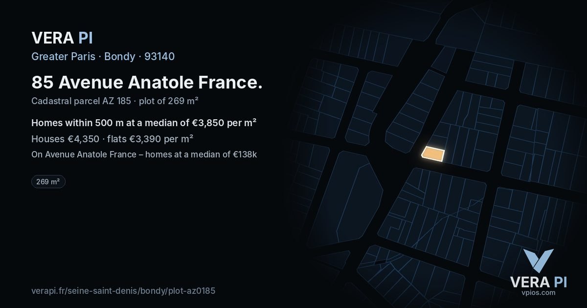 85 Avenue Anatole France, Bondy at night – the plot lit, the parcels around coloured by the prices near them