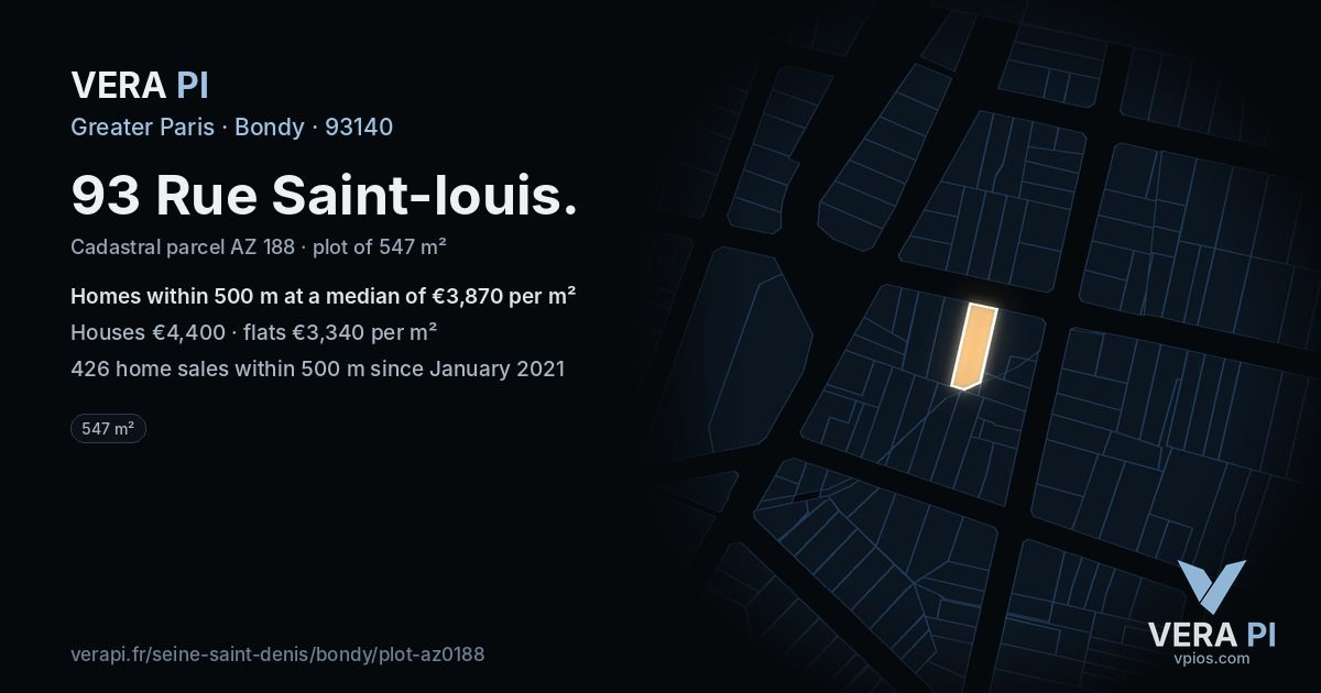 93 Rue Saint-louis, Bondy at night – the plot lit, the parcels around coloured by the prices near them