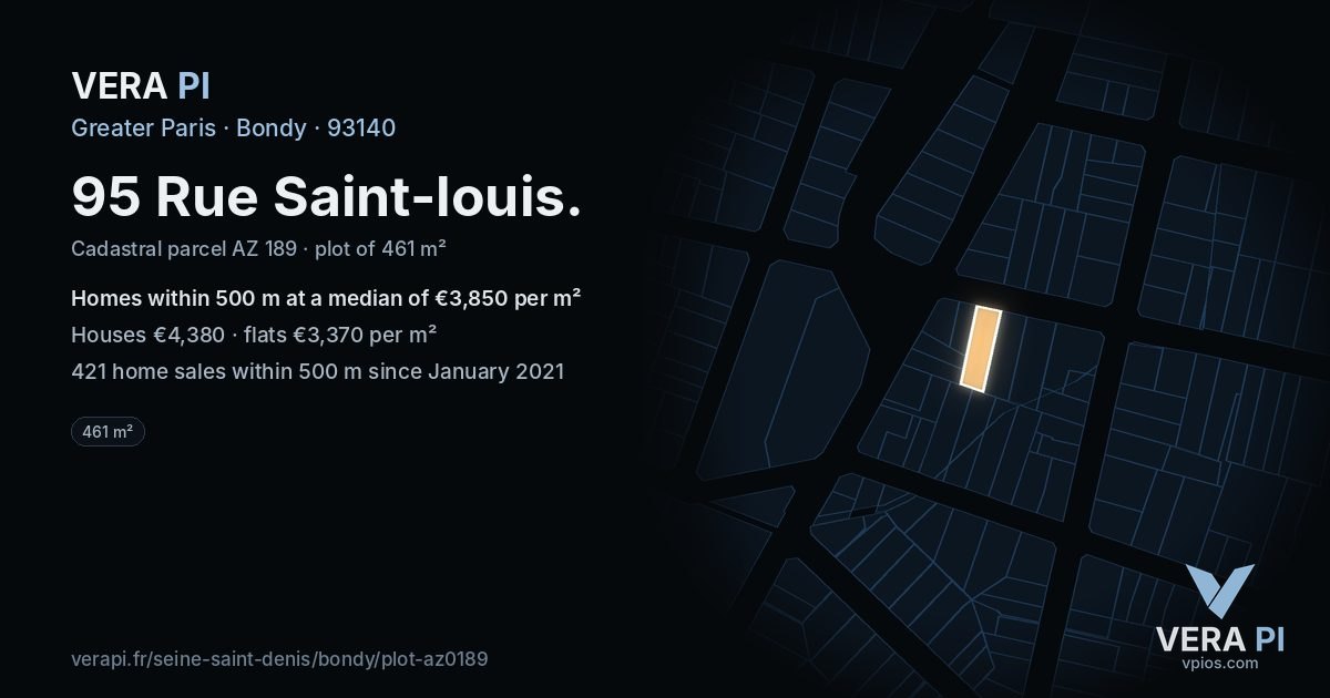 95 Rue Saint-louis, Bondy at night – the plot lit, the parcels around coloured by the prices near them