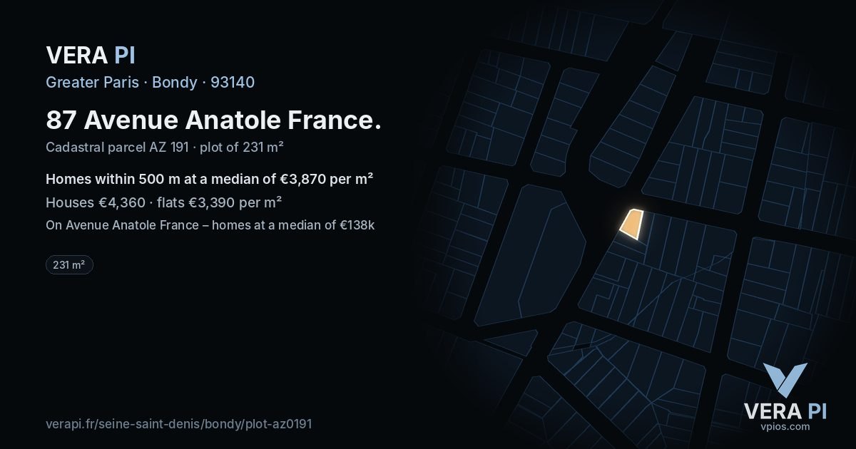 87 Avenue Anatole France, Bondy at night – the plot lit, the parcels around coloured by the prices near them