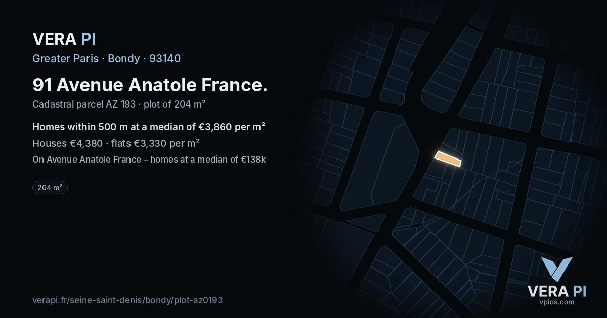 91 Avenue Anatole France, Bondy at night – the plot lit, the parcels around coloured by the prices near them