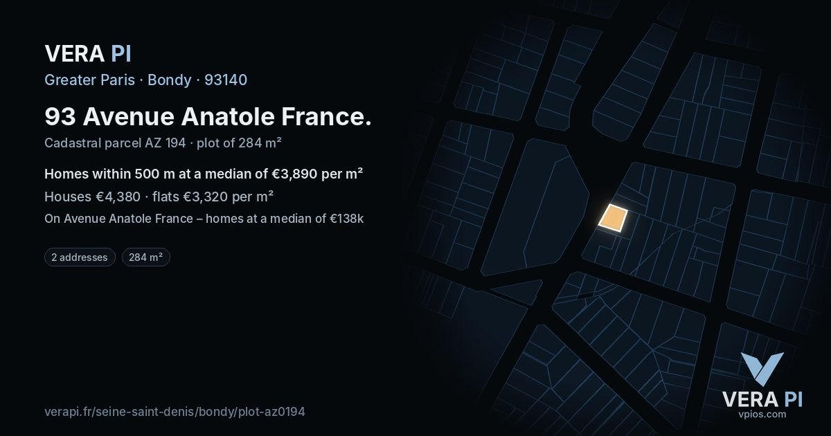 93 Avenue Anatole France, Bondy at night – the plot lit, the parcels around coloured by the prices near them