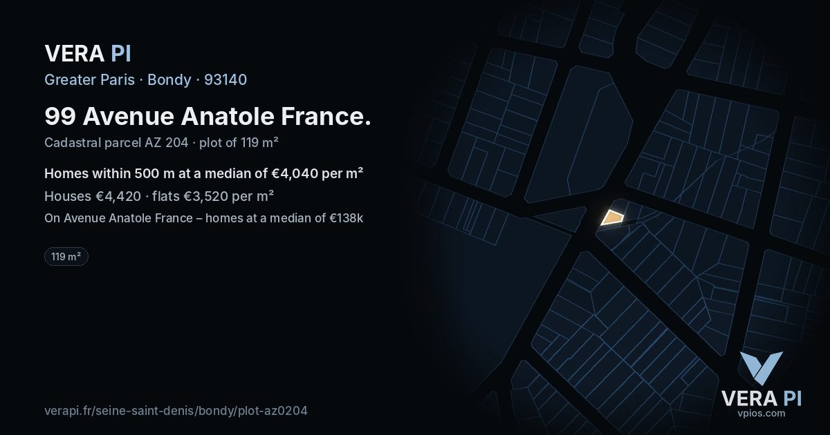 99 Avenue Anatole France, Bondy at night – the plot lit, the parcels around coloured by the prices near them