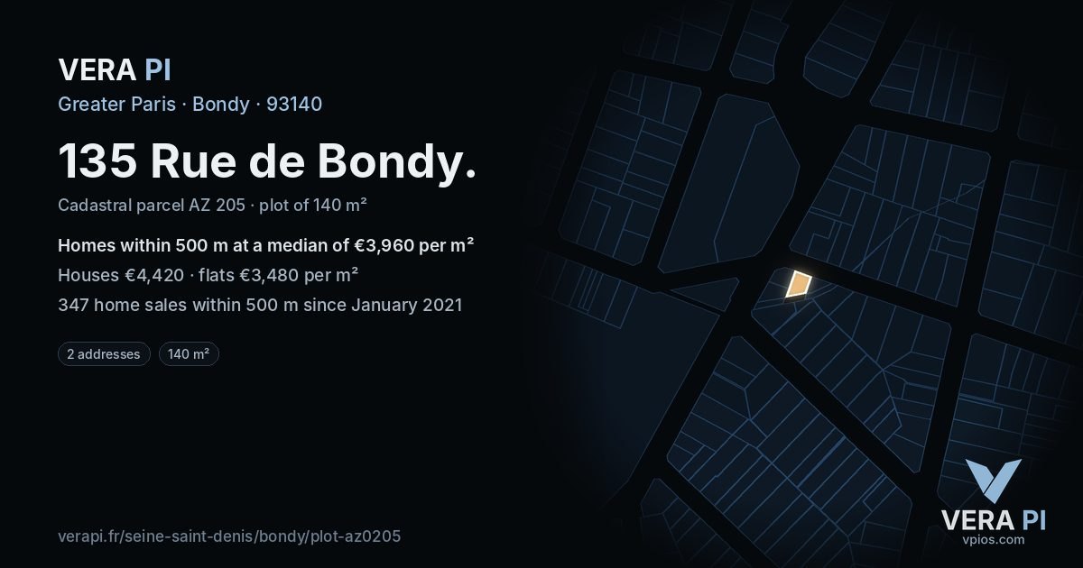 135 Rue de Bondy, Bondy at night – the plot lit, the parcels around coloured by the prices near them