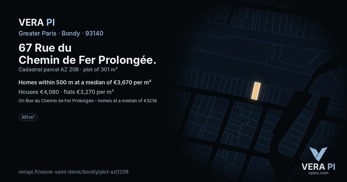 67 Rue du Chemin de Fer Prolongée, Bondy at night – the plot lit, the parcels around coloured by the prices near them