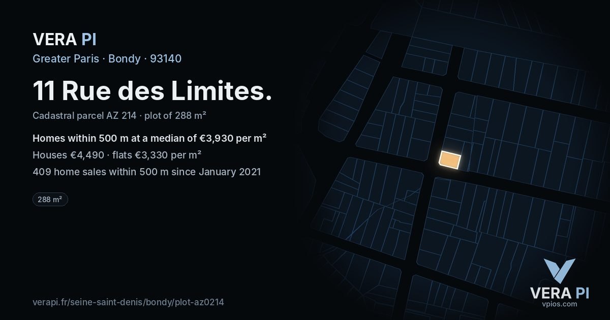 11 Rue des Limites, Bondy at night – the plot lit, the parcels around coloured by the prices near them
