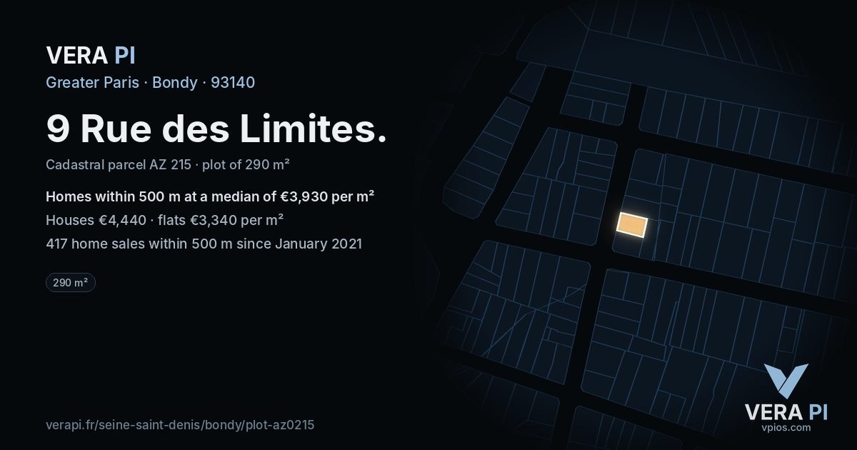 9 Rue des Limites, Bondy at night – the plot lit, the parcels around coloured by the prices near them
