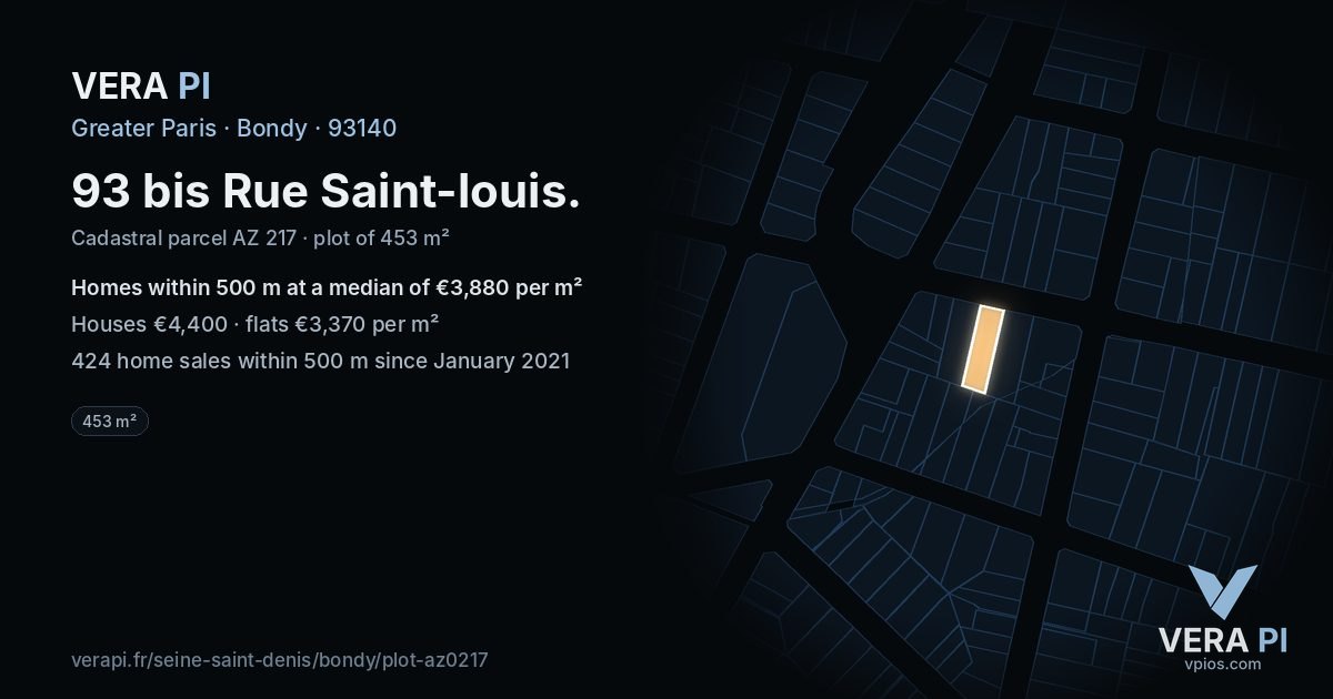 93 bis Rue Saint-louis, Bondy at night – the plot lit, the parcels around coloured by the prices near them