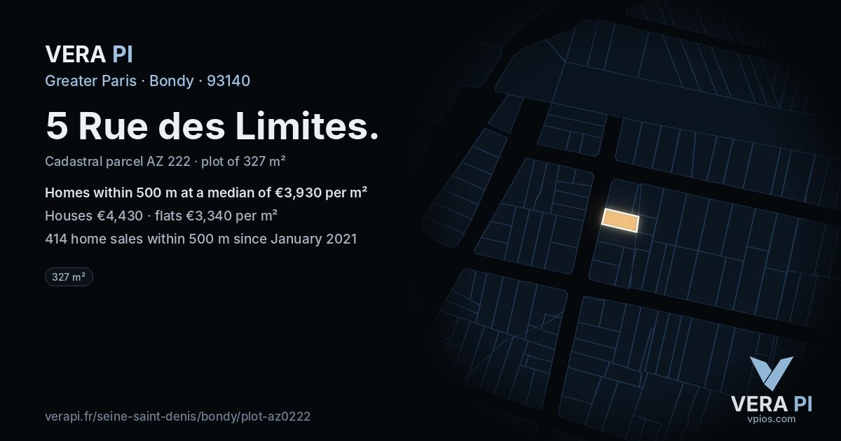 5 Rue des Limites, Bondy at night – the plot lit, the parcels around coloured by the prices near them