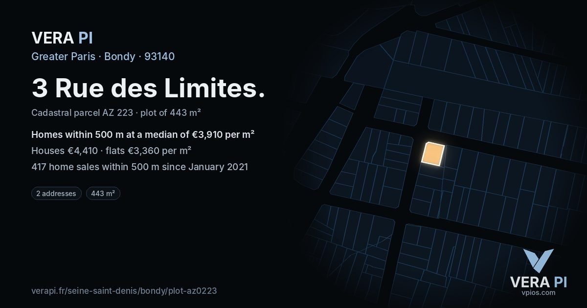 3 Rue des Limites, Bondy at night – the plot lit, the parcels around coloured by the prices near them