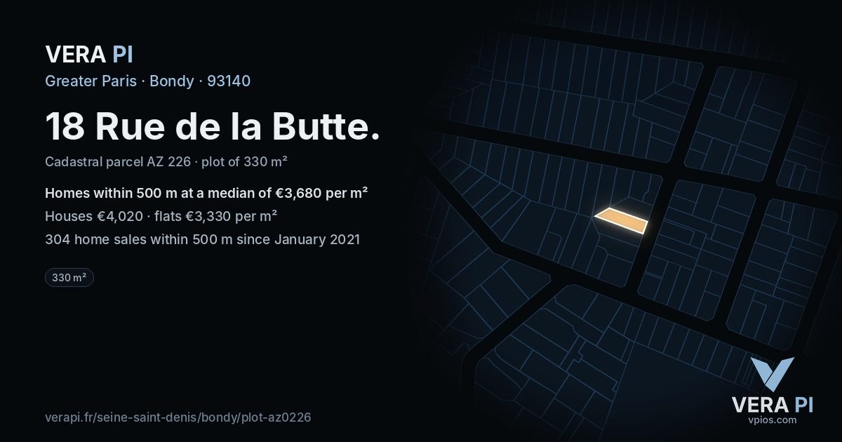 18 Rue de la Butte, Bondy at night – the plot lit, the parcels around coloured by the prices near them
