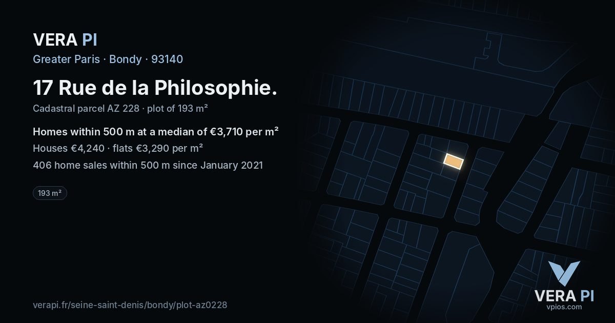 17 Rue de la Philosophie, Bondy at night – the plot lit, the parcels around coloured by the prices near them