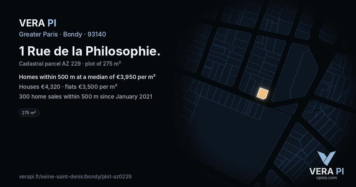 1 Rue de la Philosophie, Bondy at night – the plot lit, the parcels around coloured by the prices near them