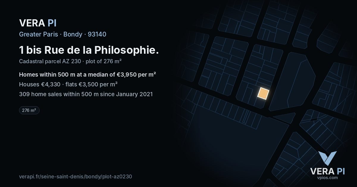 1 bis Rue de la Philosophie, Bondy at night – the plot lit, the parcels around coloured by the prices near them