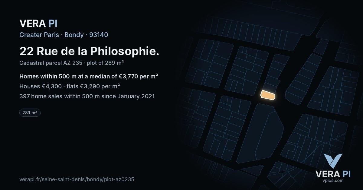 22 Rue de la Philosophie, Bondy at night – the plot lit, the parcels around coloured by the prices near them