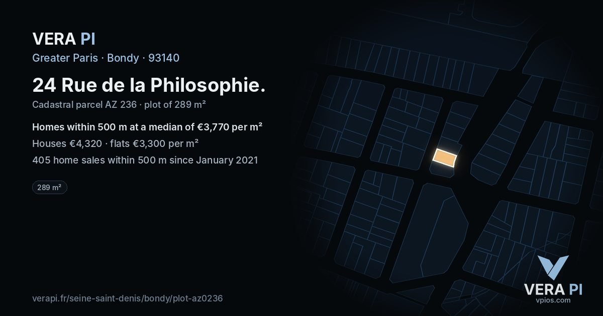 24 Rue de la Philosophie, Bondy at night – the plot lit, the parcels around coloured by the prices near them