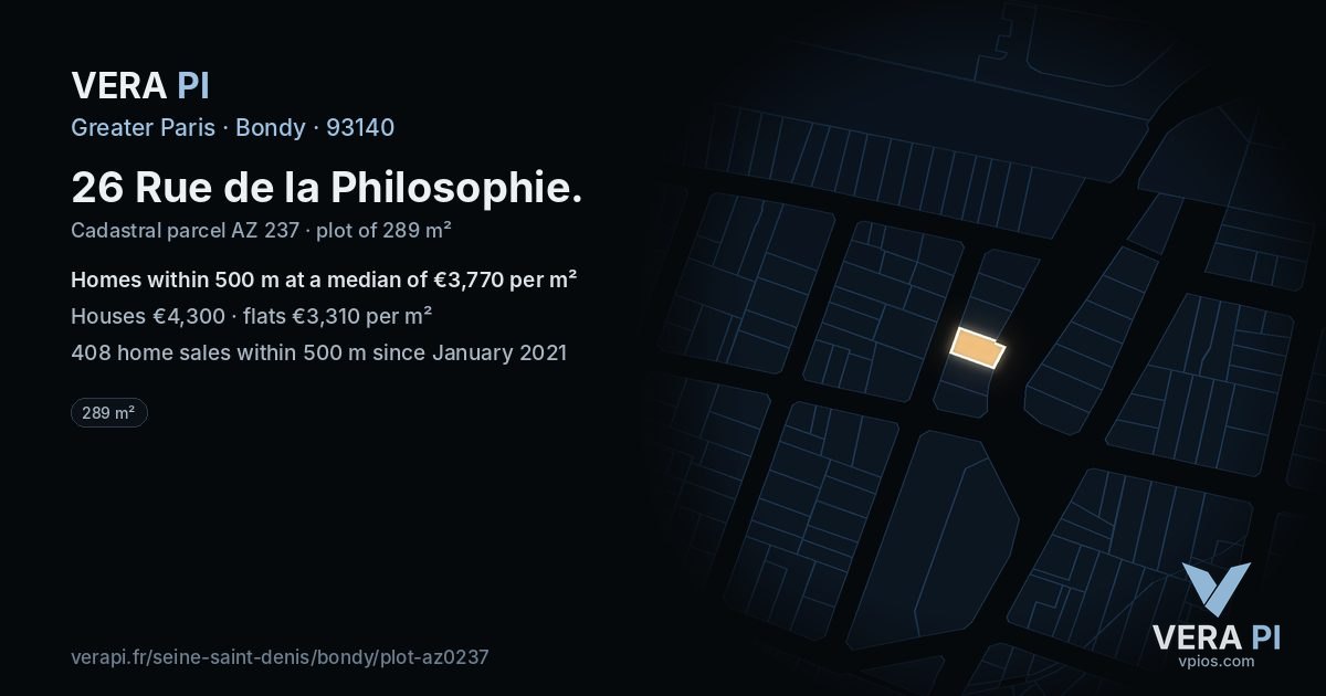 26 Rue de la Philosophie, Bondy at night – the plot lit, the parcels around coloured by the prices near them