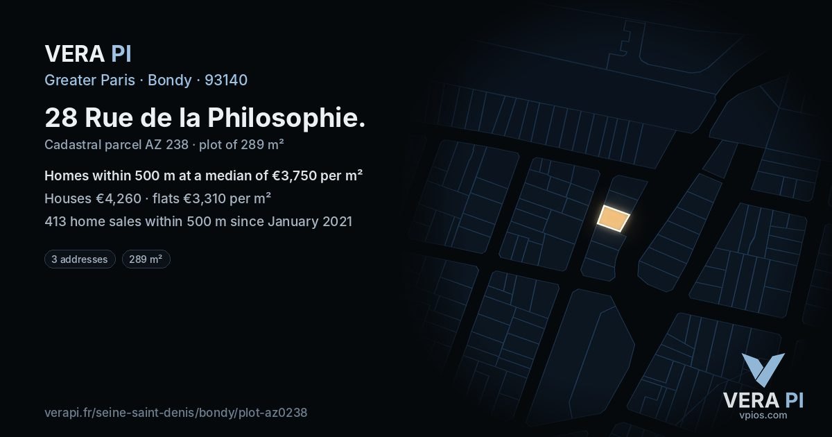 28 Rue de la Philosophie, Bondy at night – the plot lit, the parcels around coloured by the prices near them