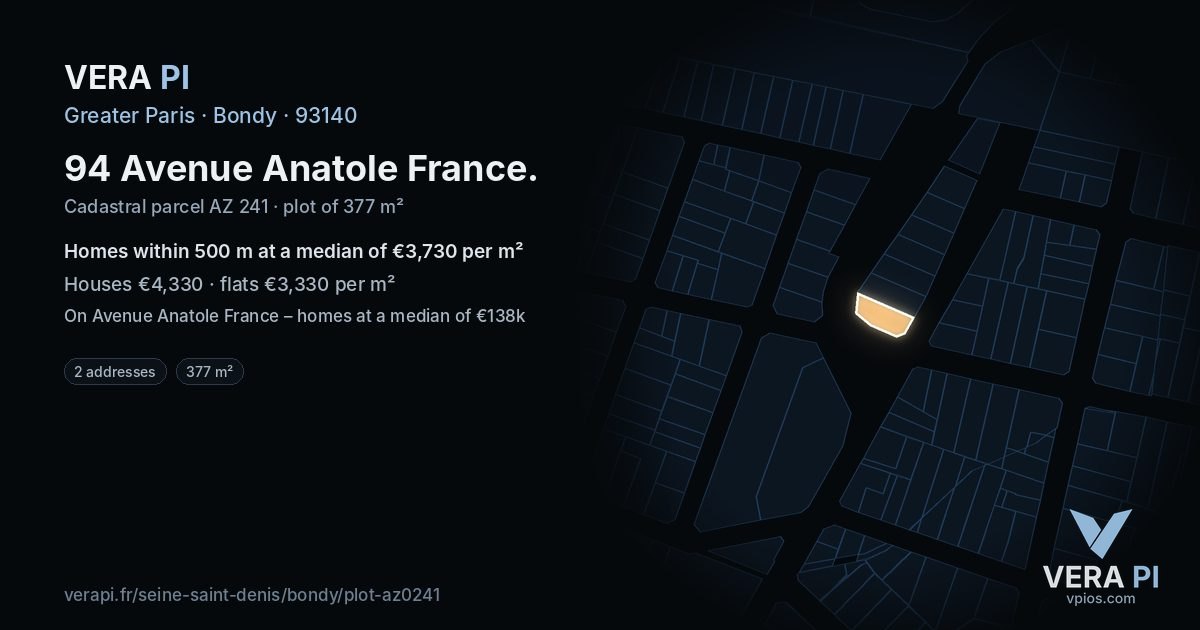 94 Avenue Anatole France, Bondy at night – the plot lit, the parcels around coloured by the prices near them