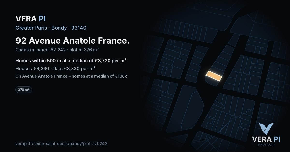 92 Avenue Anatole France, Bondy at night – the plot lit, the parcels around coloured by the prices near them