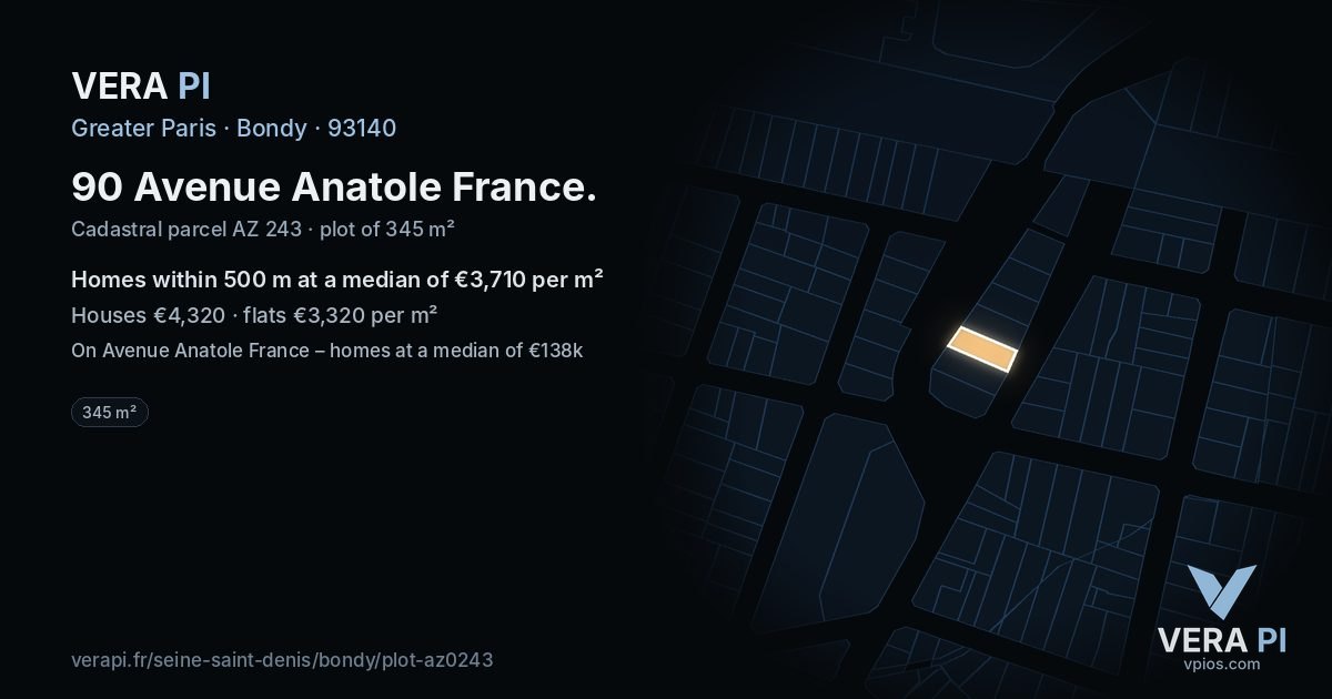 90 Avenue Anatole France, Bondy at night – the plot lit, the parcels around coloured by the prices near them