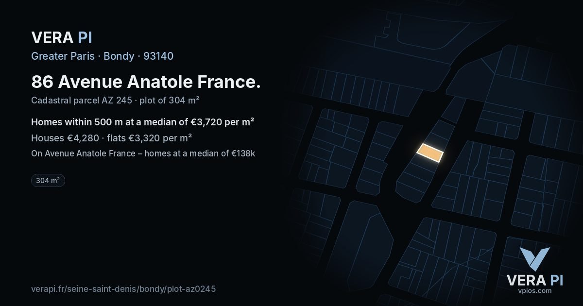 86 Avenue Anatole France, Bondy at night – the plot lit, the parcels around coloured by the prices near them