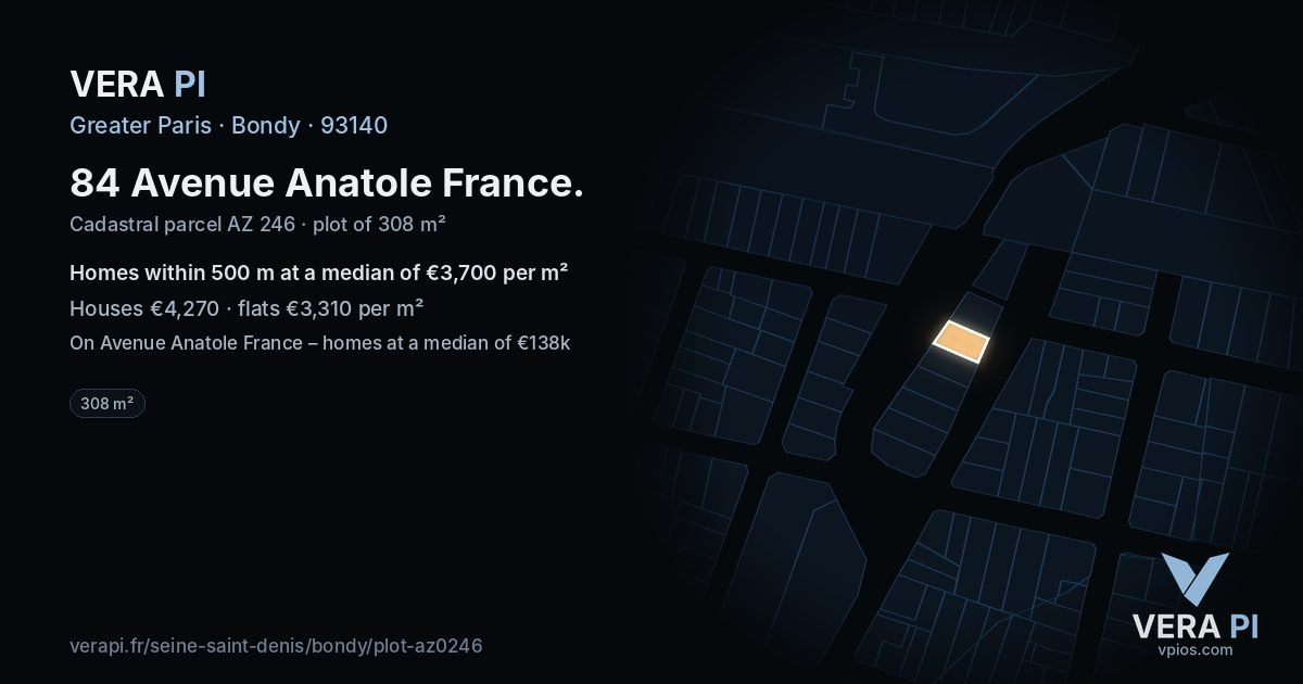 84 Avenue Anatole France, Bondy at night – the plot lit, the parcels around coloured by the prices near them