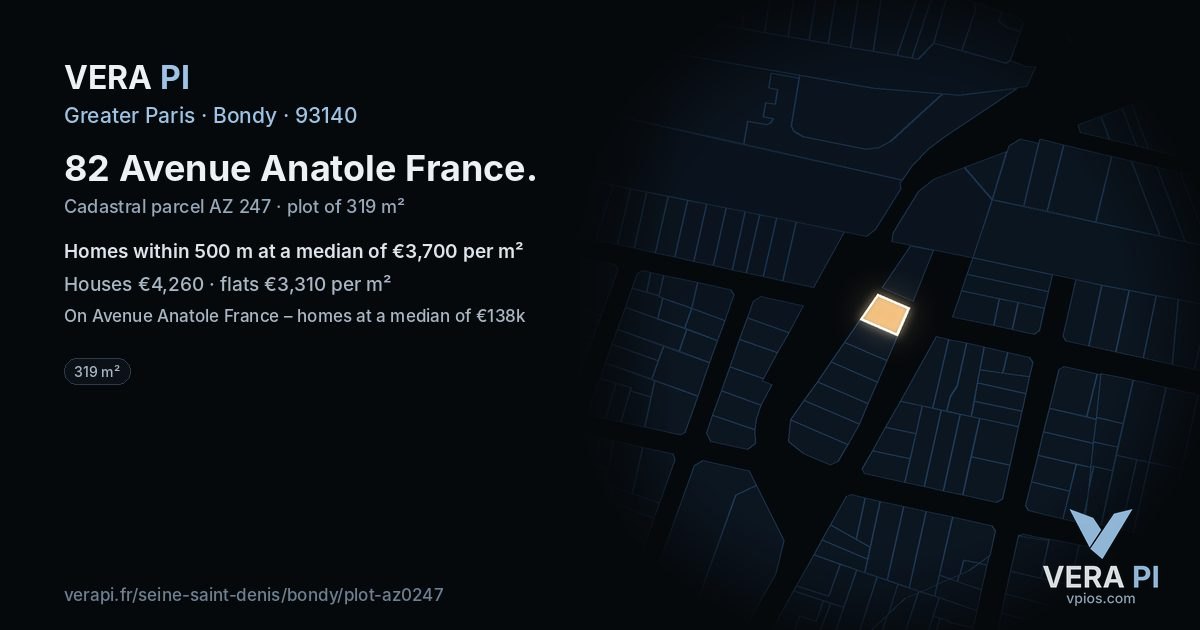82 Avenue Anatole France, Bondy at night – the plot lit, the parcels around coloured by the prices near them