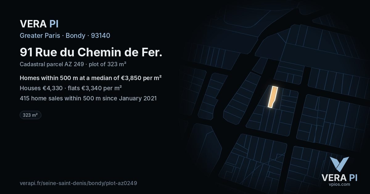 91 Rue du Chemin de Fer, Bondy at night – the plot lit, the parcels around coloured by the prices near them
