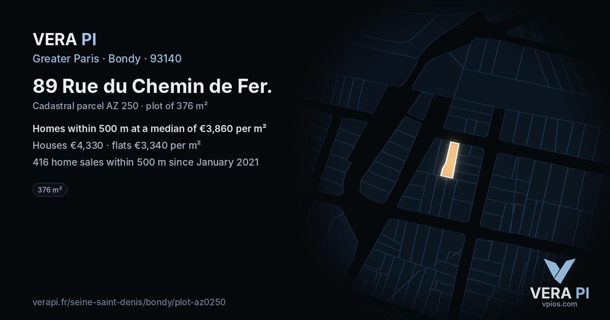 89 Rue du Chemin de Fer, Bondy at night – the plot lit, the parcels around coloured by the prices near them