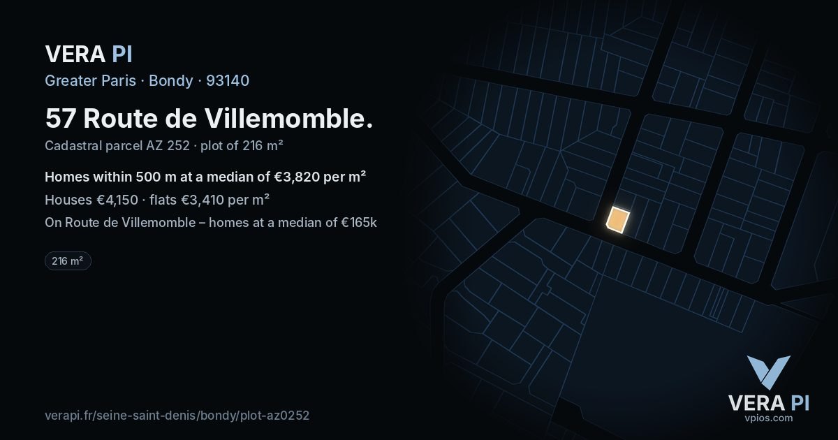 57 Route de Villemomble, Bondy at night – the plot lit, the parcels around coloured by the prices near them