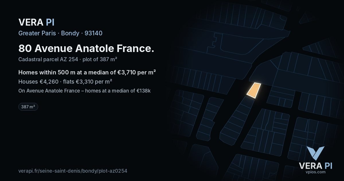 80 Avenue Anatole France, Bondy at night – the plot lit, the parcels around coloured by the prices near them