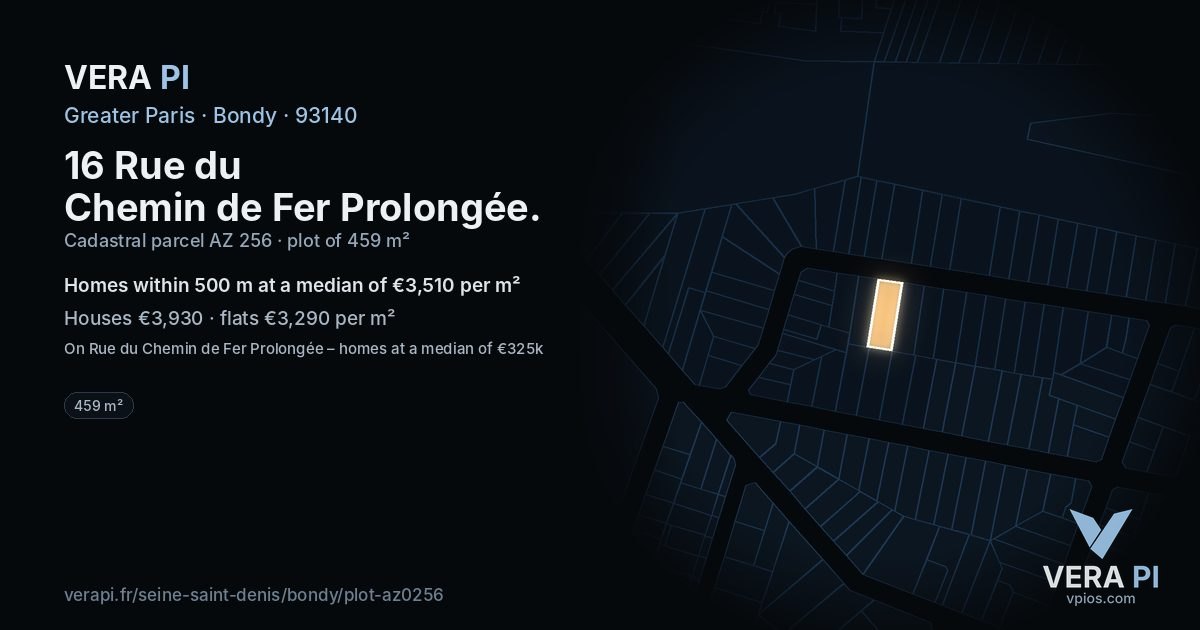 16 Rue du Chemin de Fer Prolongée, Bondy at night – the plot lit, the parcels around coloured by the prices near them