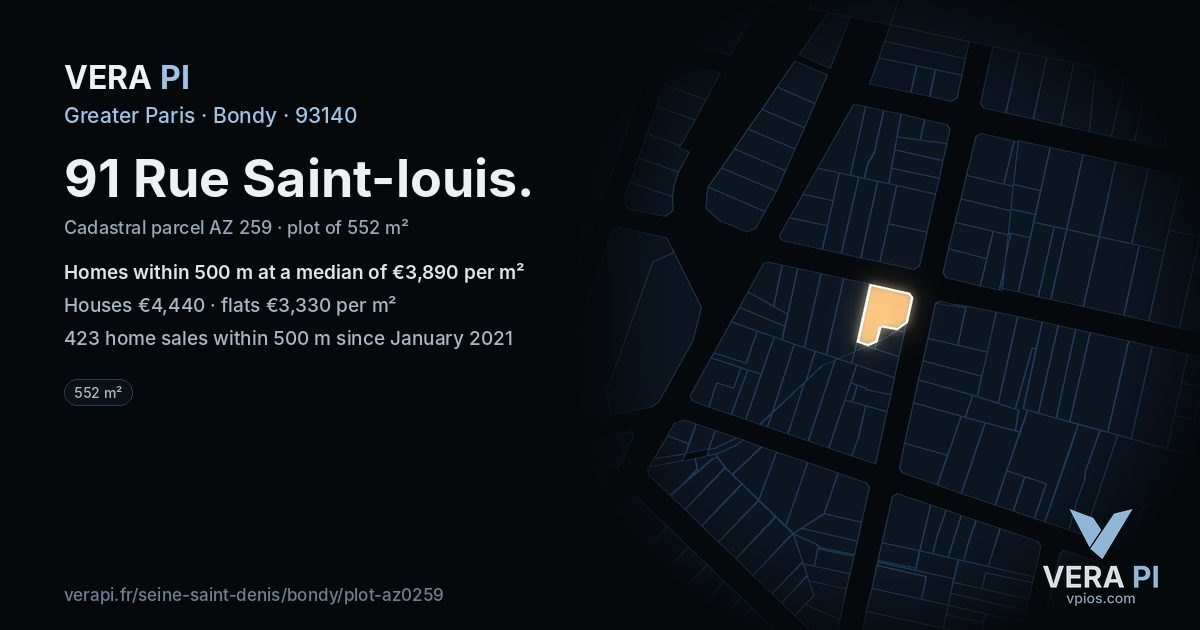 91 Rue Saint-louis, Bondy at night – the plot lit, the parcels around coloured by the prices near them