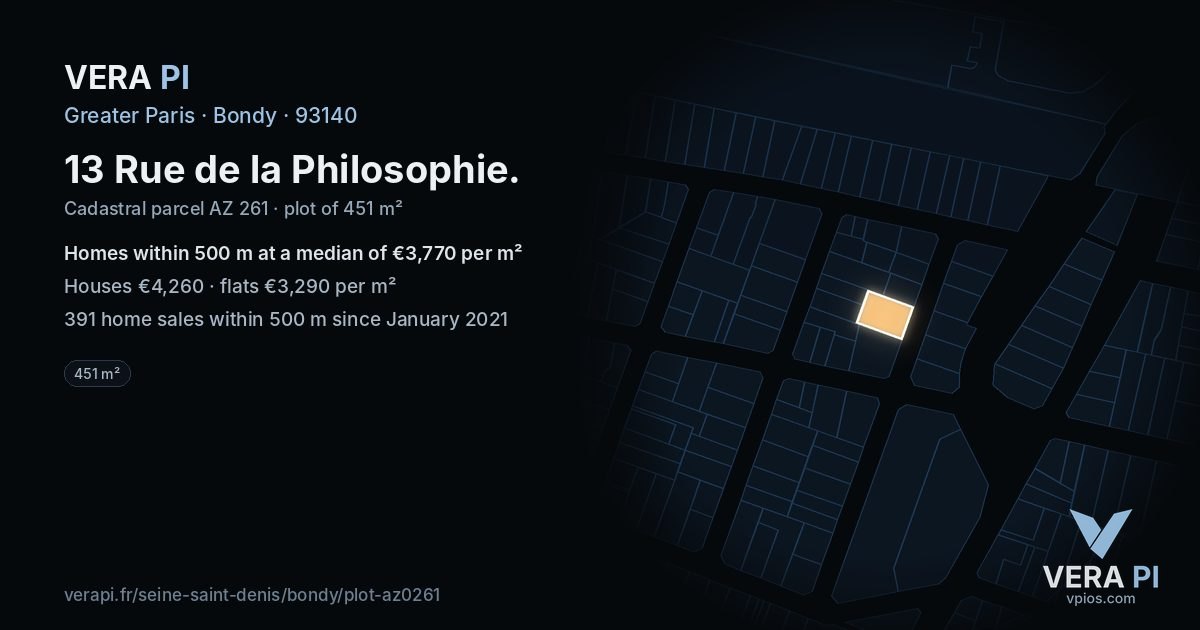 13 Rue de la Philosophie, Bondy at night – the plot lit, the parcels around coloured by the prices near them